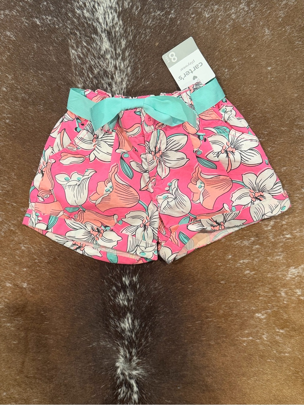 Carter's Pink Floral Shorts with Teal Bow Size 8